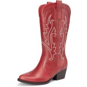 Women's Red Western Embroidered Pointed Toe Low Heel Mid Calf Boot Low Heel